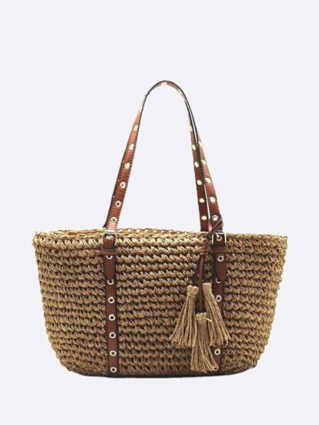 Panier cabas paille et cuir marron