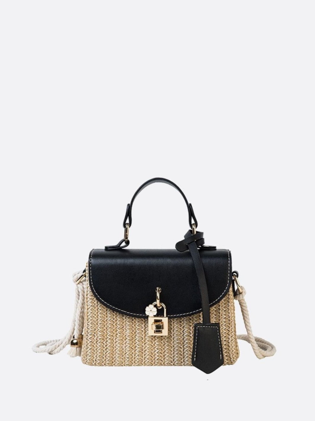 Sac à main paille et cuir noir